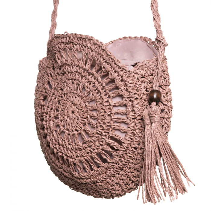 Geanta mica impletita crossbody, circulara cu ciucure decorativ, roz prafuit [2]