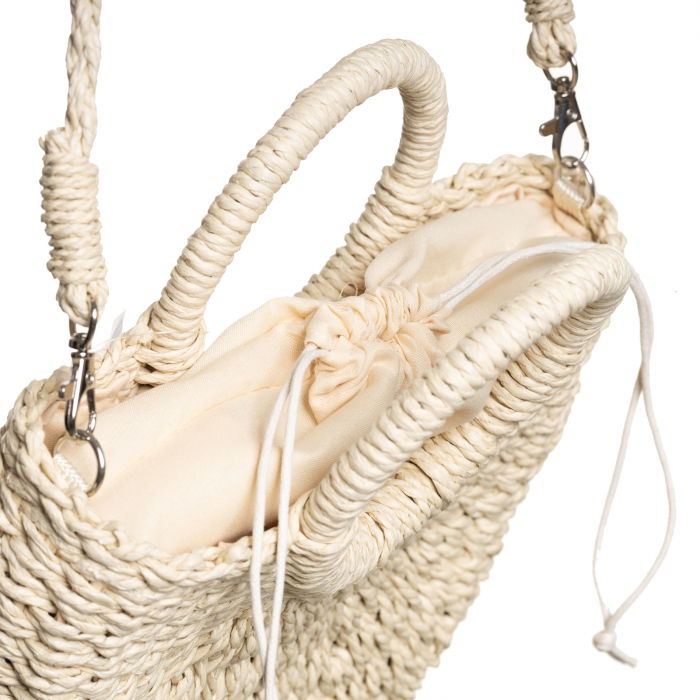 Geanta mica impletita crossbody, circulara cu manere rotunde, bej inchis [5]