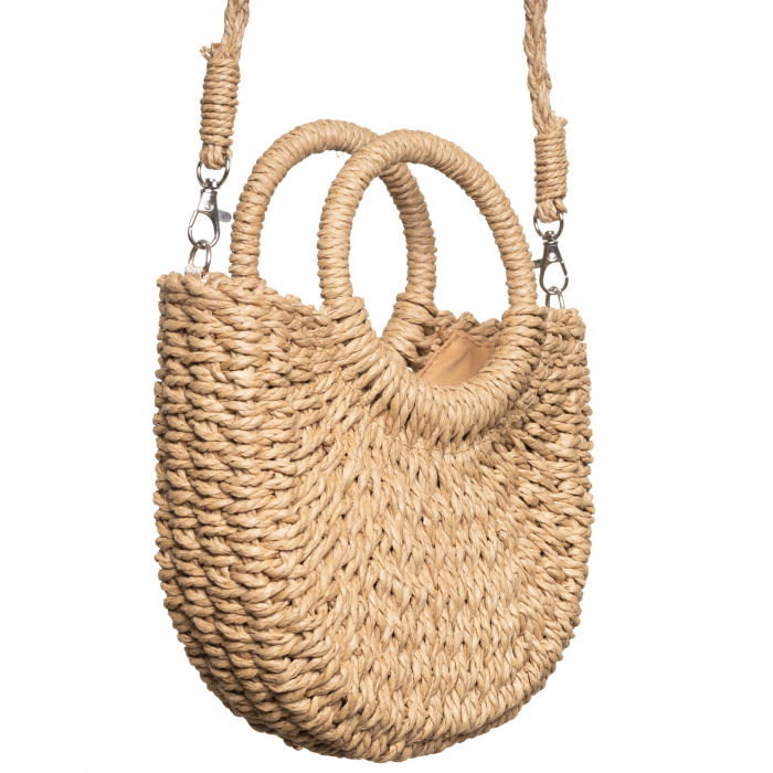 Geanta mica impletita crossbody, circulara cu manere rotunde, bej inchis [2]