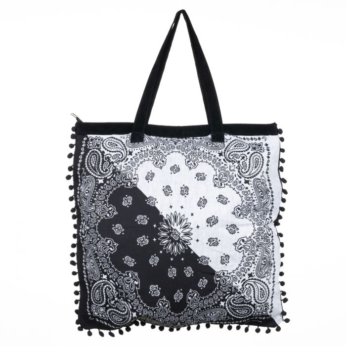 Geanta patrata de plaja din material textil, cu ciucuri pe trei laturi, alb si negru [2]