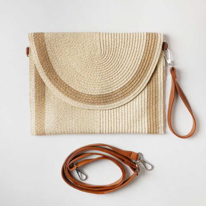 Geanta plic impletita crossbody, cu bareta de umar si de mana, bej deschis cu bej inchis [2]