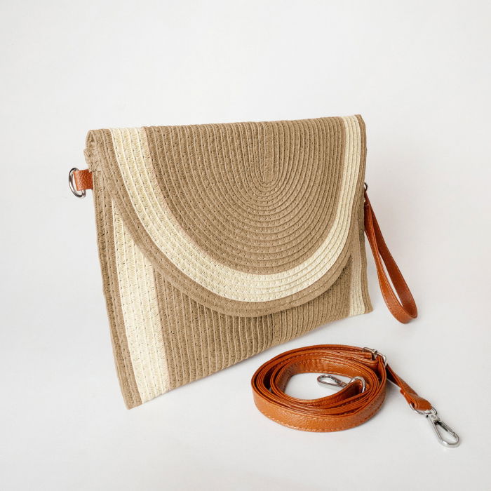 Geanta plic impletita crossbody, cu bareta de umar si de mana, camel cu bej deschis
