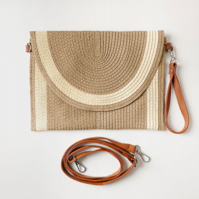 Geanta plic impletita crossbody, cu bareta de umar si de mana, camel cu bej deschis [2]