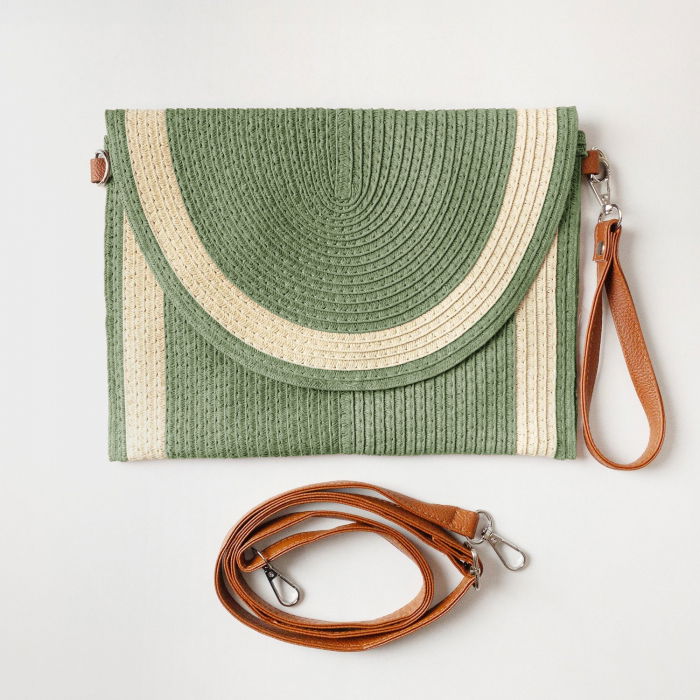 Geanta plic impletita crossbody, cu bareta de umar si de mana, verde cu bej deschis [2]