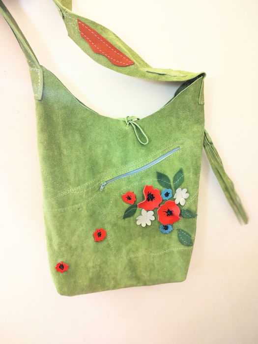 Geanta sac albastru electric,cu maci colorati ,din piele naturala [2]