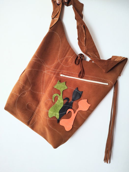 Geanta sac ,din piele naturala camel întoarsă ,cu pisicute [2]