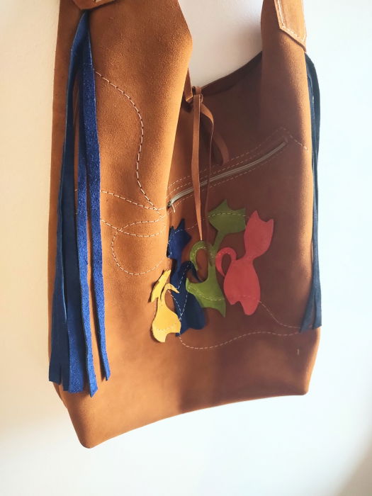 Geanta sac ,din piele naturala camel întoarsă ,cu pisicute [3]