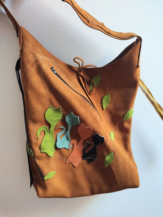 Geanta sac ,din piele naturala camel întoarsă ,cu pisicute [2]