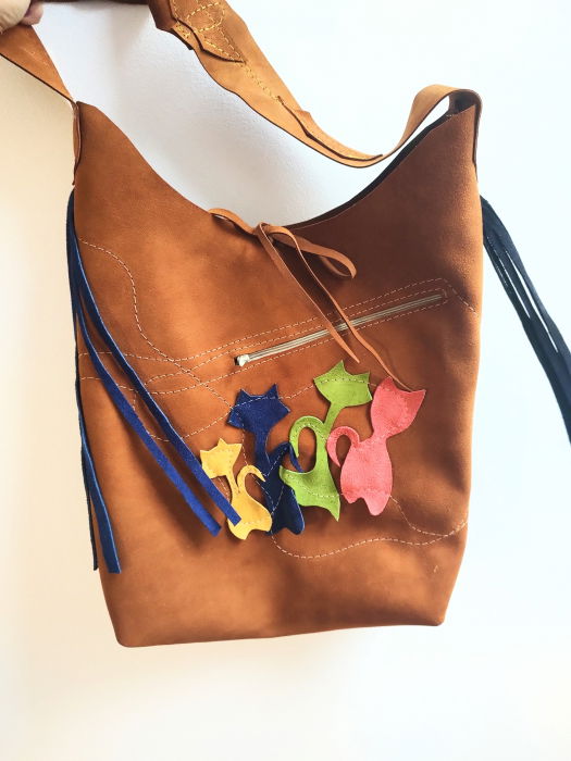 Geanta sac ,din piele naturala camel întoarsă ,cu pisicute [2]