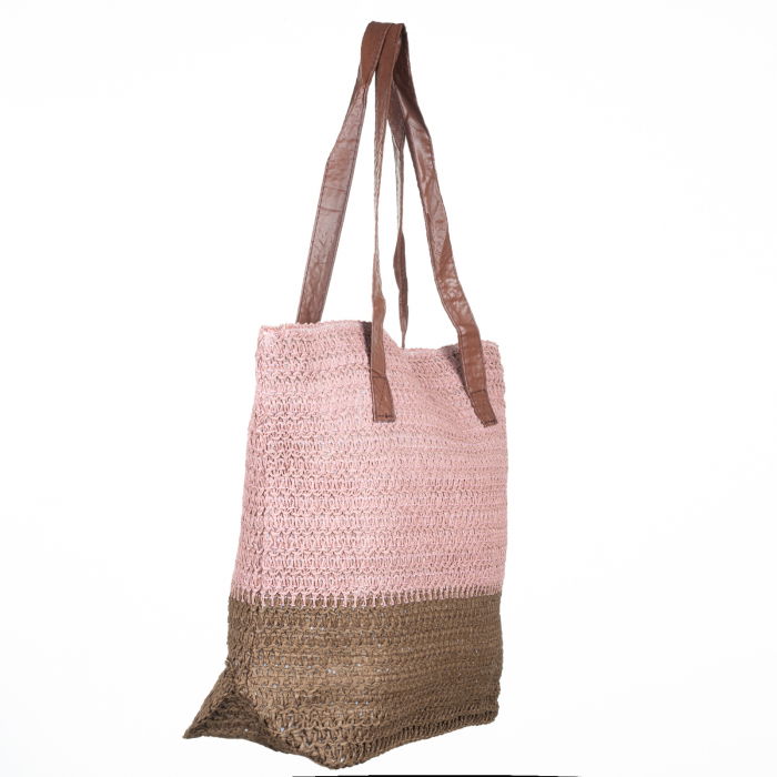 Geanta shopper bicolora impletita, maron si roz inchis [2]