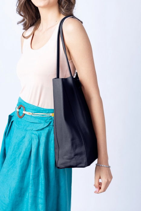 Geanta shopper bleumarin din piele naturala, cu fermoar [2]