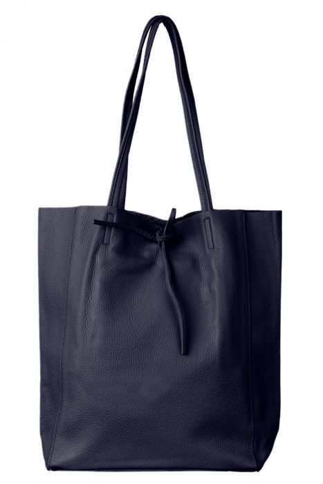 Geanta shopper bleumarin din piele naturala, cu fermoar