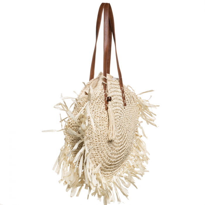 Geanta shopper circulara mare impletita, cu franjuri mari decorativi, bej deschis [2]
