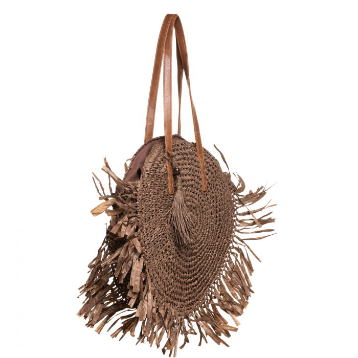 Geanta shopper circulara mare impletita, cu franjuri mari decorativi, maro [2]
