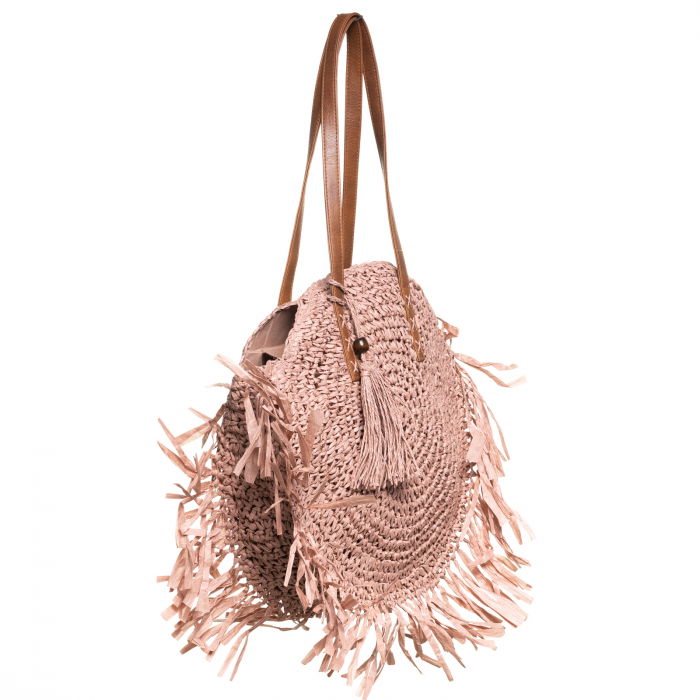 Geanta shopper circulara mare impletita, cu franjuri mari decorativi, roz prafuit [2]