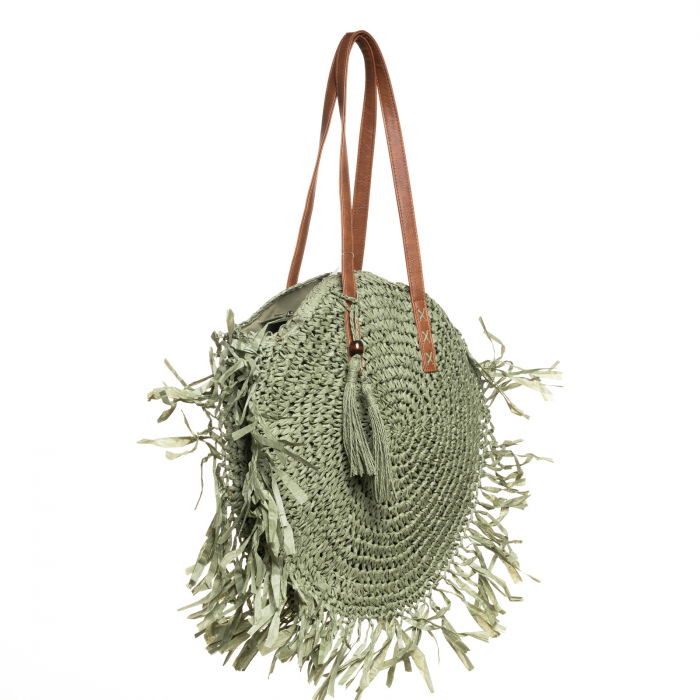 Geanta shopper circulara mare impletita, cu franjuri mari decorativi, verde prafuit [2]