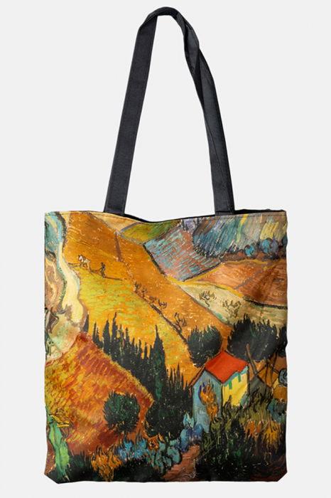 Geanta shopper din material textil, cu imprimeu inspirat dintr-o pictura cu lanuri a lui Van Gogh