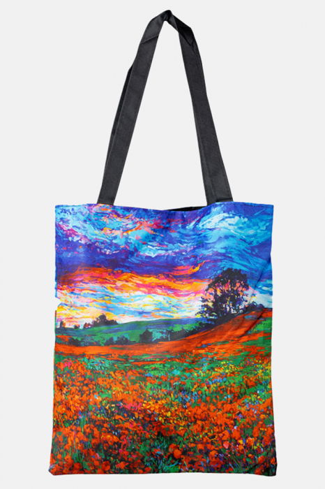 Geanta shopper din material textil, cu imprimeu inspirat dintr-o pictura cu peisaj cu maci