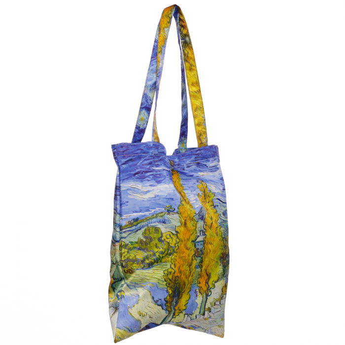 Geanta shopper din material textil satinat, cu imprimeu inspirat dintr-o pictura cu chiparosi a lui Van Gogh [2]