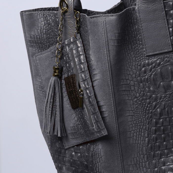 Geanta shopper din piele intoarsa naturala, gri inchis [3]