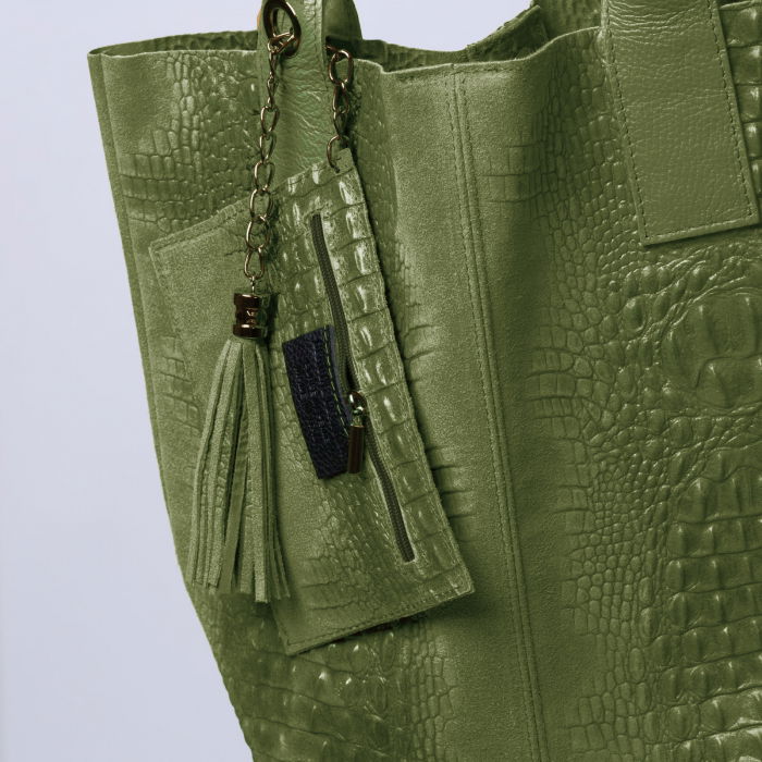 Geanta shopper din piele intoarsa naturala, verde olive [3]