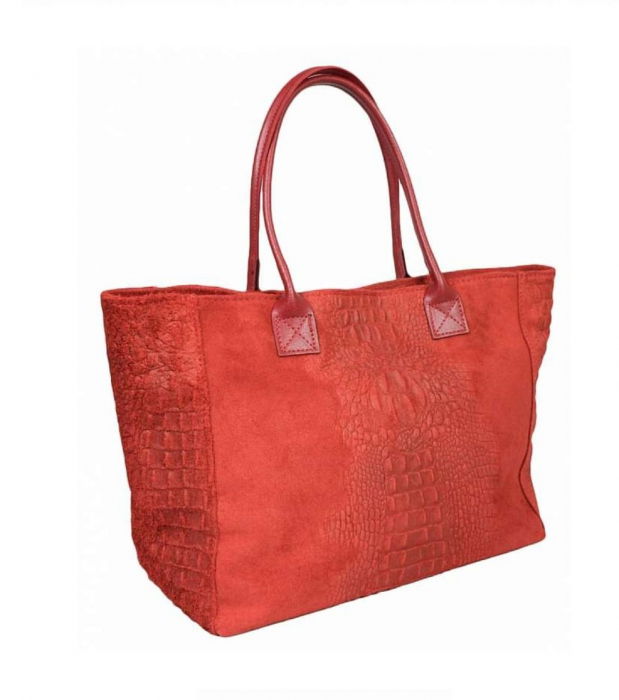 Geanta din piele naturala cu aspect de piele de crocodil, rosie [2]