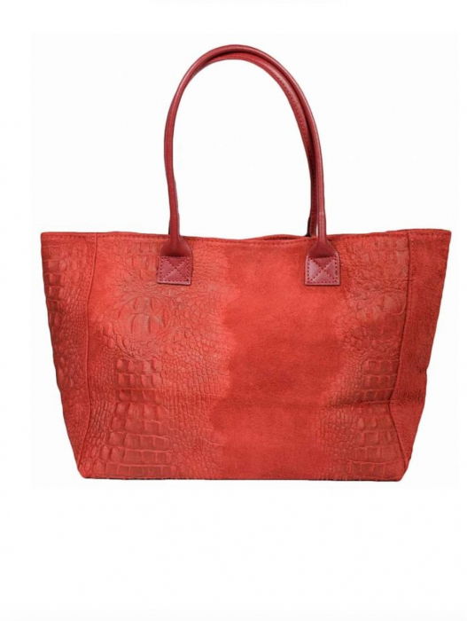 Geanta din piele naturala cu aspect de piele de crocodil, rosie [3]