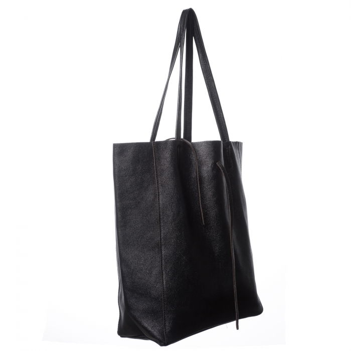 Geanta shopper din piele naturala, negru metalizat [2]
