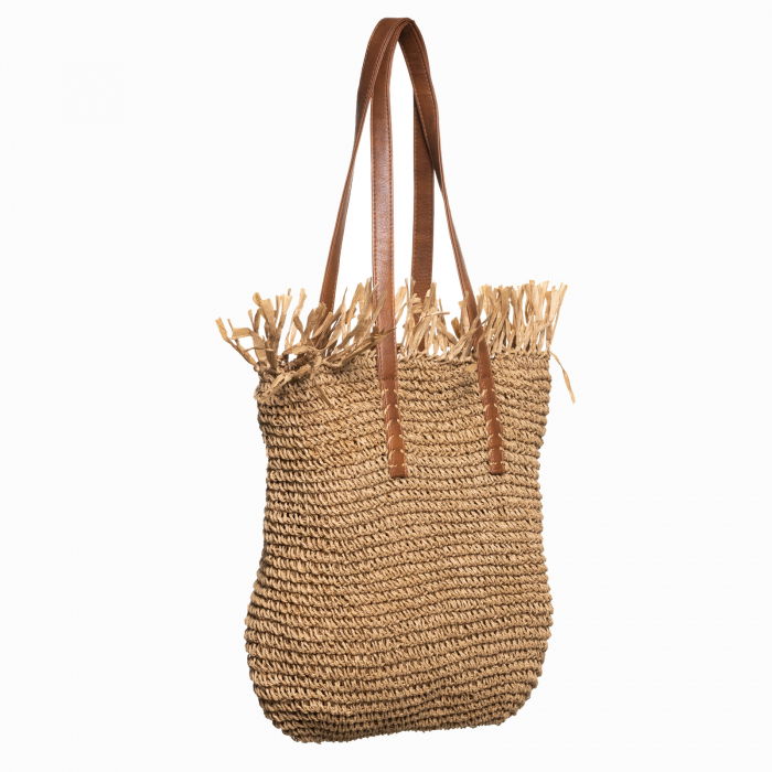 Geanta shopper impletita cu manere din piele ecologica si franjuri decorativi in partea de sus, bej inchis [2]