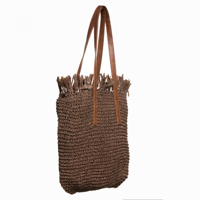 Geanta shopper impletita cu manere din piele ecologica si franjuri decorativi in partea de sus, maro [2]