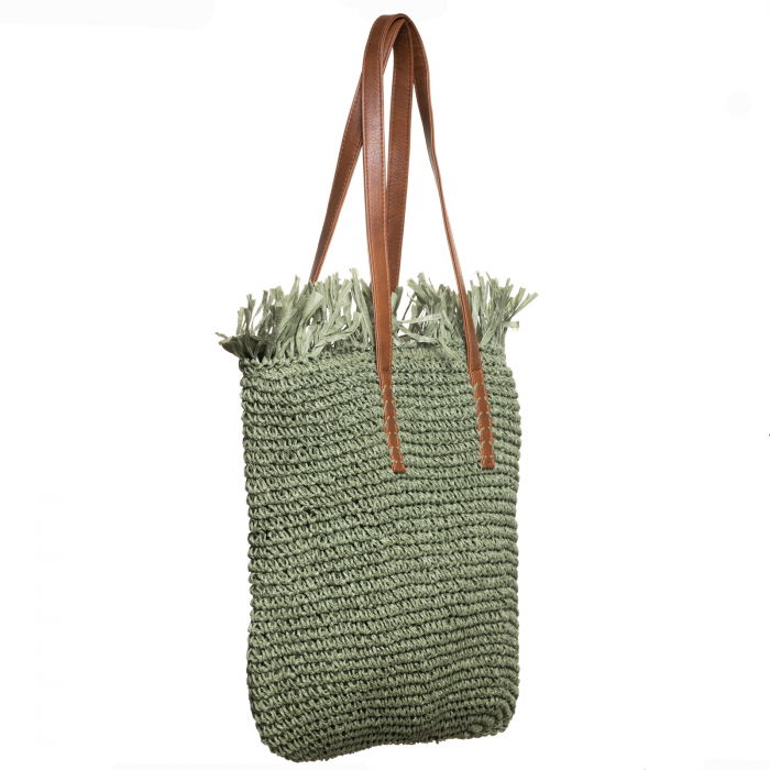 Geanta shopper impletita cu manere din piele ecologica si franjuri decorativi in partea de sus, verde prafuit [2]