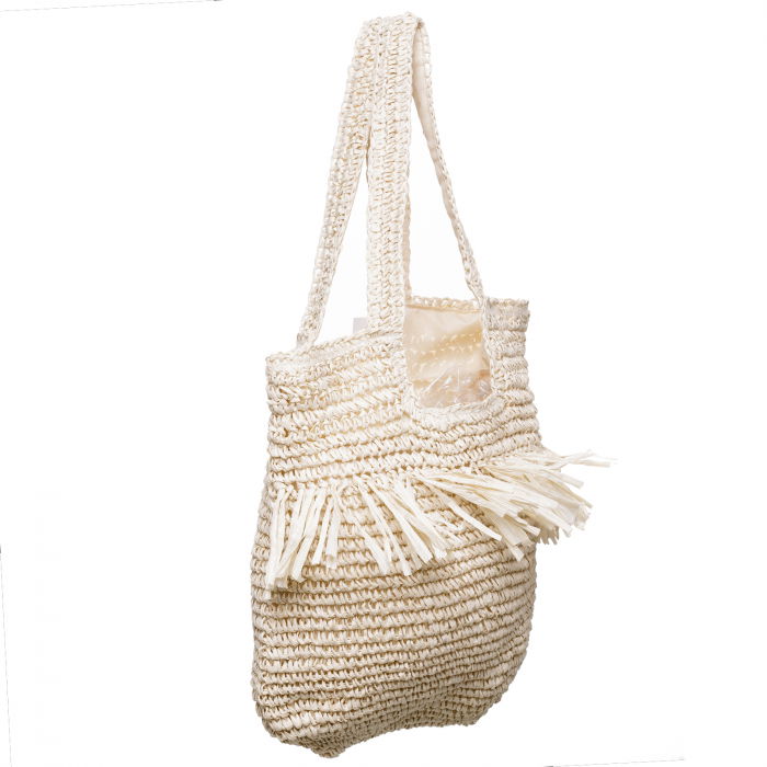 Geanta shopper impletita cu manere late si franjuri, bej deschis [2]