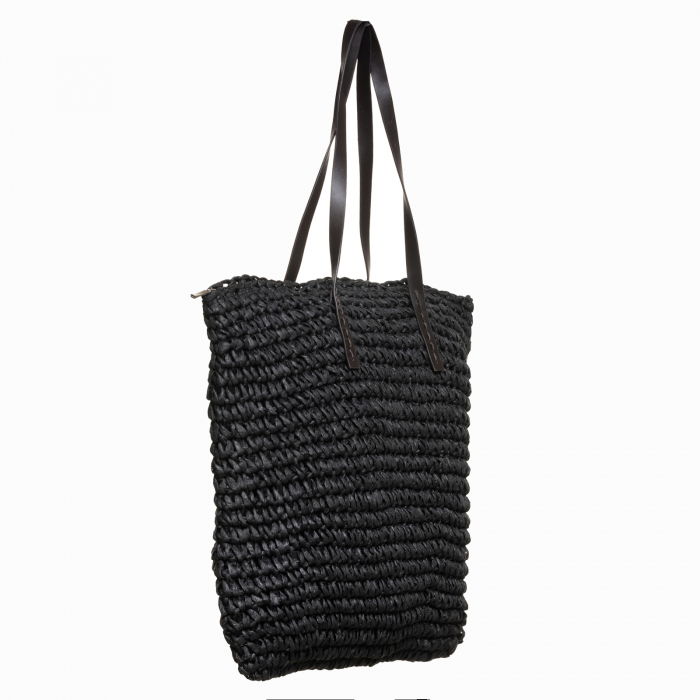 Geanta shopper impletita cu ochiuri mari si manere din piele ecologica, neagra [2]