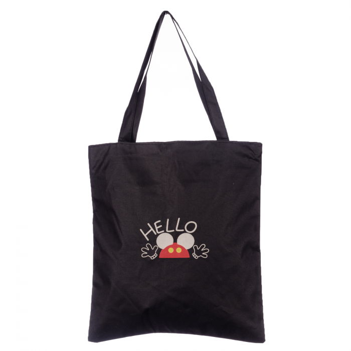 Geanta shopper neagra din material textil, cu imprimeu grafic Hello soricel