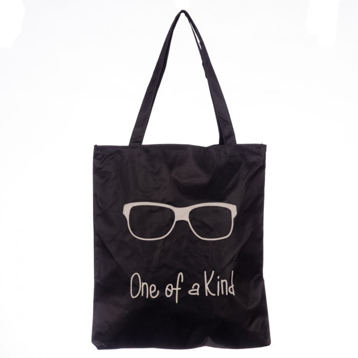Geanta shopper neagra din material textil, cu imprimeu grafic ochelari de soare