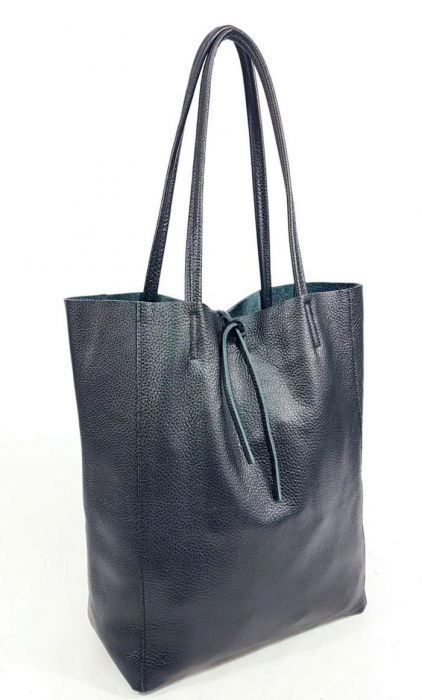 Geanta shopper din piele naturala, negru metalizat [4]