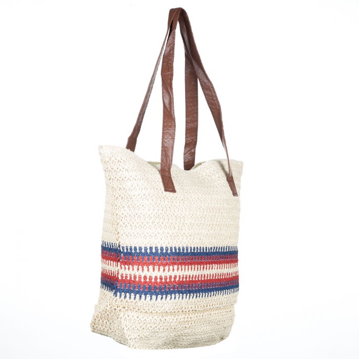 Geanta shopper tricolora impletita, bej deschis cu dungi bleumarin si rosii [2]