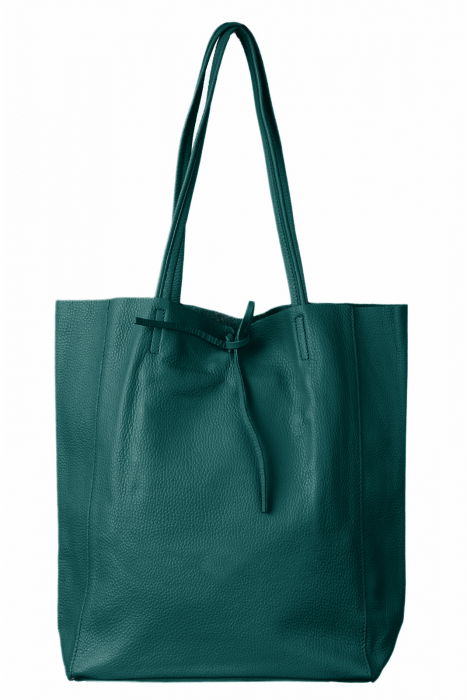 Geanta shopper turcoaz inchis din piele naturala