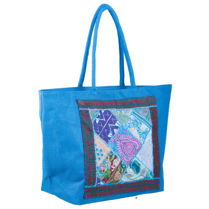 Geanta albastra din material textil natural tip sac, cu aplicatie unicat, brodata manual [2]