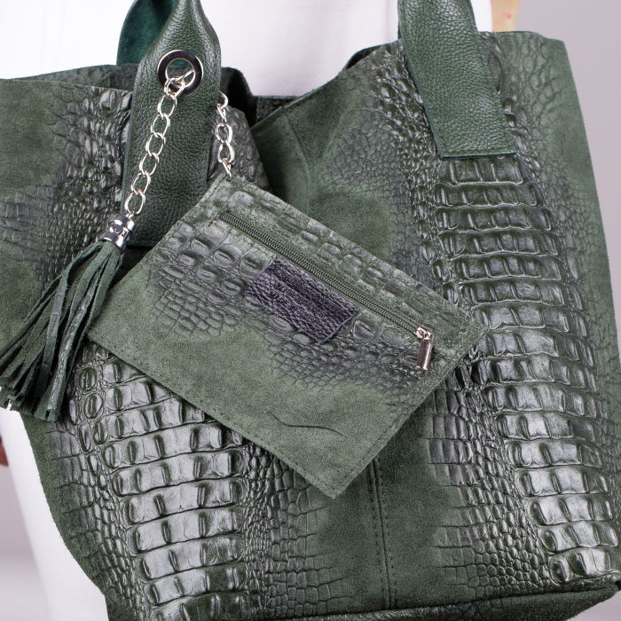 Geanta shopper verde inchis din piele intoarsa naturala [2]