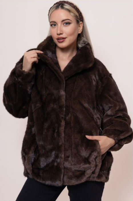 Geaca oversize din blanita artificiala, maro