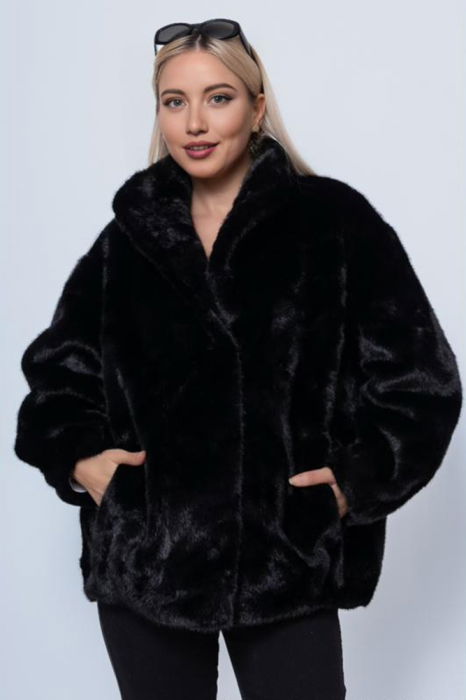 Geaca oversize din blanita artificiala, neagra