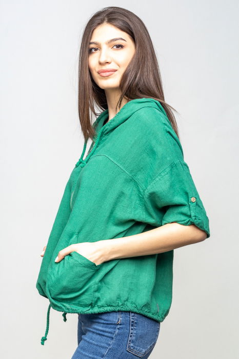 Hanorac verde din in cu fermoar metalic si gluga [2]