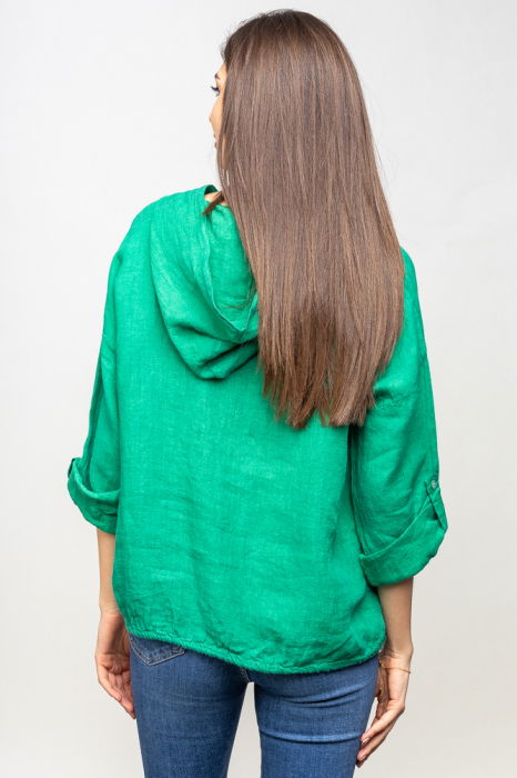 Hanorac verde din in cu buzunar marsupiu si gluga [3]