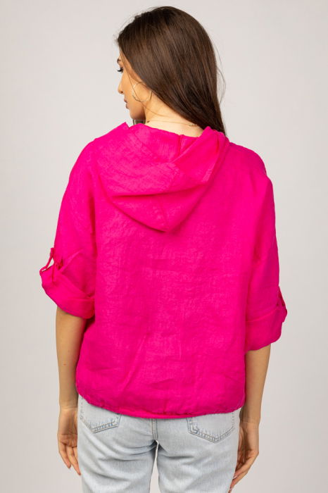 Hanorac fucsia din in cu buzunar marsupiu si gluga [3]