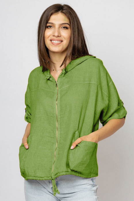 Hanorac verde oliv din in cu fermoar metalic si gluga [2]