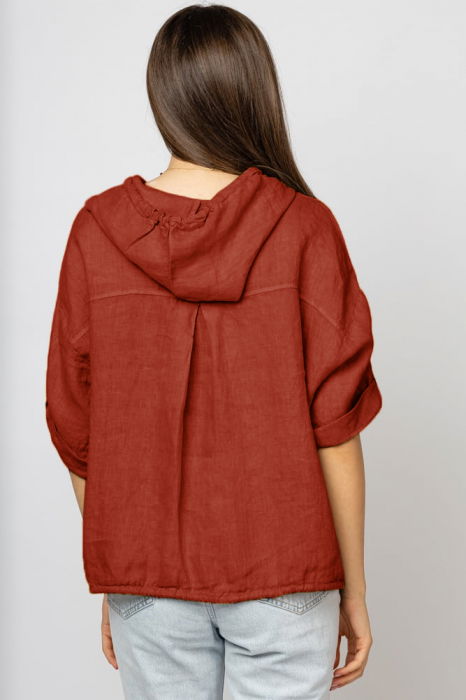 Hanorac caramiziu din in cu fermoar metalic si gluga [3]