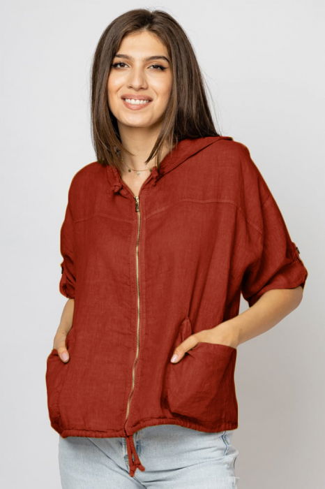 Hanorac caramiziu din in cu fermoar metalic si gluga [2]