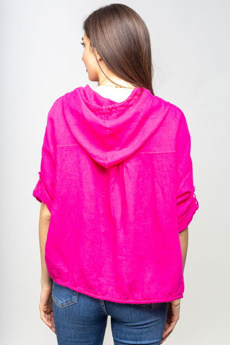 Hanorac fucsia din in cu fermoar metalic si gluga [3]