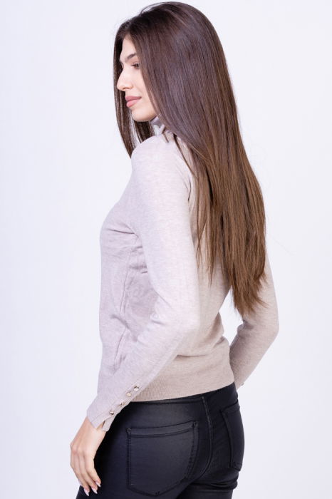 Helanca pulover cu guler inalt si nasturei pe maneca, cu cashmere, bej [3]